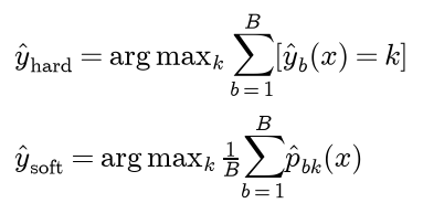 Hard voting picks the class k with the most models predicting k; soft voting picks the class k with the largest average predicted probability over the B models