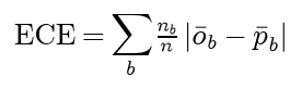 ECE is the sum over bins of n b over n times the absolute difference between the observed share of positives and the mean prediction in bin b