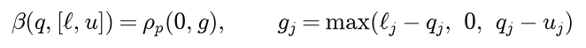 The box distance from q to the box with corners l and u is the Minkowski distance of the vector g from zero, where g j is the largest of l j minus q j, zero, and q j minus u j