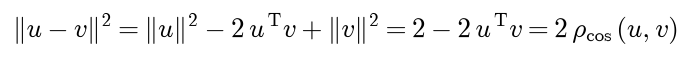 For unit vectors u and v, the squared Euclidean distance is the squared length of u minus twice u transposed v plus the squared length of v, which is 2 minus twice u transposed v, which is twice the cosine distance