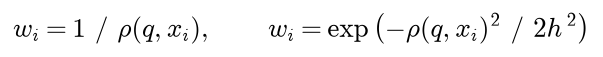 The distance weight of neighbour i is one over its distance from q; a Gaussian kernel weight is the exponential of minus the squared distance over twice h squared