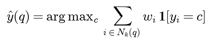 The prediction for q is the class c that maximizes the sum, over the k nearest examples, of the weight of each example times one if its label is c