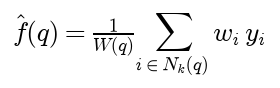 The regression estimate at q is one over W of q times the sum over the k nearest of the weight times the target