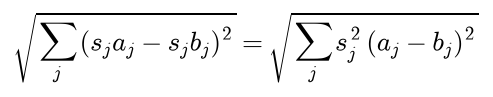 Euclidean distance after multiplying each feature j by s j equals the square root of the sum over j of s j squared times the squared difference of feature j