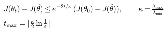 The cost gap after t steps is at most e to the minus 2t over kappa times the starting gap, with kappa equal to lambda max over lambda min, so the number of iterations needed for a fraction epsilon is at most the ceiling of kappa over 2 times the log of 1 over epsilon