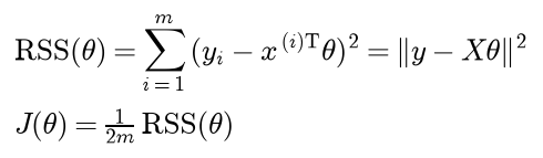 The residual sum of squares is the sum over examples of the squared difference between target and prediction, which is the squared length of y minus X theta; the cost J is RSS divided by 2m
