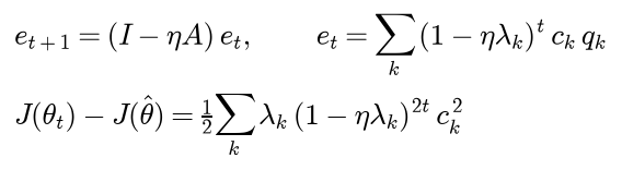 The error after t plus 1 steps is I minus eta A times the error after t steps, so the error after t steps is a sum over eigenvectors of 1 minus eta lambda k to the power t times c k times q k, and the cost gap is one half of the sum of lambda k times 1 minus eta lambda k to the power 2t times c k squared