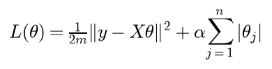 The lasso objective L of theta is 1 over 2m times the squared length of y minus X theta plus alpha times the sum of the absolute slopes
