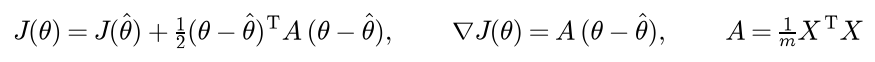 J of theta equals J of theta hat plus one half of theta minus theta hat transposed times A times theta minus theta hat; the gradient is A times theta minus theta hat; A is X transposed X over m