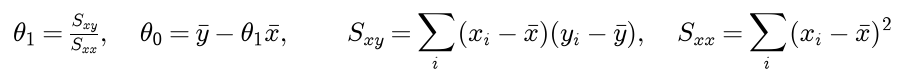 The slope theta 1 is S x y over S x x and the intercept is y bar minus theta 1 times x bar, where S x y is the sum of products of the deviations of x and y from their means and S x x the sum of squared deviations of x