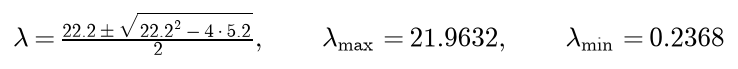 lambda equals 22.2 plus or minus the square root of 22.2 squared minus 4 times 5.2, all over 2, giving lambda max 21.9632 and lambda min 0.2368