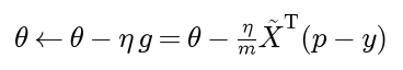 Theta becomes theta minus eta times g, which is theta minus eta over m times the augmented matrix transposed times p minus y