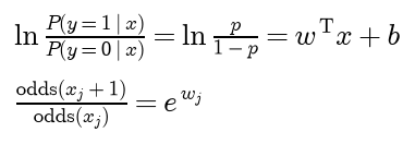 The log of P of y equals 1 given x over P of y equals 0 given x equals the log of p over 1 minus p, which equals w transposed x plus b; one more unit of feature j multiplies the odds by e to the w j