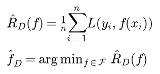 The empirical risk of f is the average over the n training pairs of the loss of f, and the learned function is the member of the class F that minimizes it