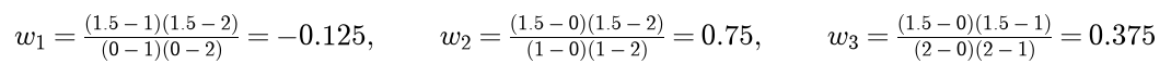 The three Lagrange weights at 1.5: minus 0.125 for the input 0, 0.75 for the input 1 and 0.375 for the input 2