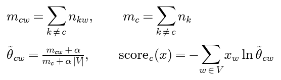 The complement counts m c w and m c sum the counts of all classes other than c; the complement estimate is m c w plus alpha over m c plus alpha times the vocabulary size, and the score of c is minus the sum over tokens of the count times the log complement estimate