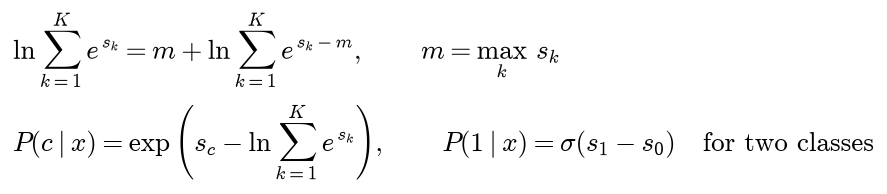The log of the sum of e to the s k equals m plus the log of the sum of e to the s k minus m, with m the largest score; the posterior of c is the exponential of s c minus that log-sum-exp, and for two classes the posterior of class 1 is the sigmoid of s 1 minus s 0