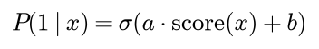 Platt scaling: the recalibrated probability of class 1 is the sigmoid of a times the score plus b