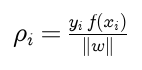 The geometric margin rho i is y i times f of x i divided by the norm of w
