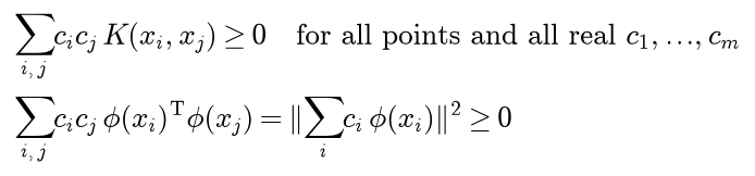 For all points and all real coefficients c 1 to c m, the double sum of c i c j K of x i and x j is at least zero. For a kernel built from a feature map, the double sum equals the squared norm of the sum of c i phi of x i, which is at least zero