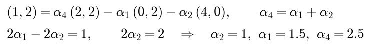 (1, 2) equals alpha 4 times (2, 2) minus alpha 1 times (0, 2) minus alpha 2 times (4, 0), and alpha 4 equals alpha 1 plus alpha 2. This gives 2 alpha 1 minus 2 alpha 2 equal to 1 and 2 alpha 2 equal to 2, so alpha 2 is 1, alpha 1 is 1.5 and alpha 4 is 2.5