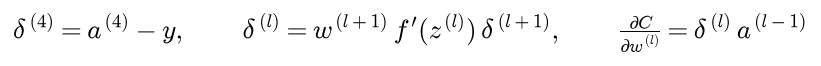 The output error is the output minus the target; the error of layer l is the next weight times the slope at layer l times the error of layer l plus 1; the weight gradient of layer l is its error times the activation below