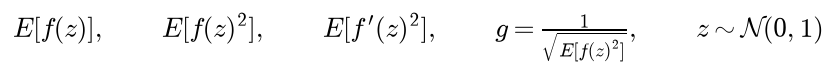 For z drawn from a standard normal distribution: the mean of f of z, the mean of f squared, the mean of the squared derivative, and the gain g equal to one over the square root of the mean of f squared