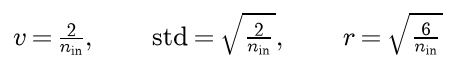 He initialization: v is 2 over n_in, the normal standard deviation is the square root of 2 over n_in, and the uniform bound r is the square root of 6 over n_in