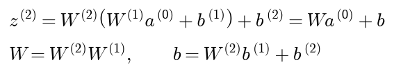 The net input of layer 2 is W2 times the quantity W1 times a0 plus b1, plus b2, which equals W times a0 plus b, with W equal to W2 W1 and b equal to W2 b1 plus b2