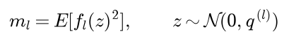 The second moment of the activations of layer l is the expected value of f squared, with z normal with mean 0 and variance q