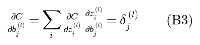 B3: the derivative of C with respect to the bias of unit j is the sum over i of the error of unit i times the derivative of its net input with respect to that bias, which is just the error of unit j