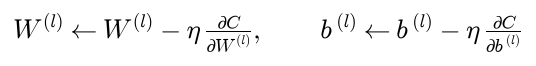 Gradient descent: each weight matrix becomes itself minus eta times its gradient, and each bias vector likewise
