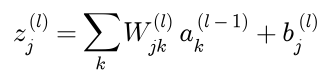 The net input of unit j in layer l is the sum over k of the weight to j from k times the activation of unit k in layer l minus 1, plus the bias of unit j