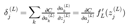 The error of output unit j is the sum over k of the derivative of C with respect to output k times the derivative of output k with respect to net input j, which collapses to the derivative of C with respect to output j times the derivative of the output activation at net input j