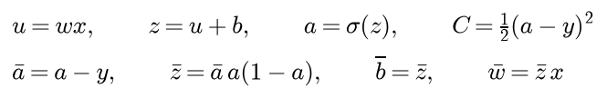 For one sigmoid unit, forward: u is w x, z is u plus b, a is sigma of z and the cost is one half of a minus y squared; backward: the adjoint of a is a minus y, the adjoint of z is that times a times 1 minus a, and the adjoints of b and w are the adjoint of z and the adjoint of z times x