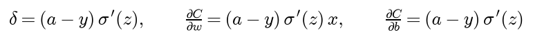 With squared error the output error is a minus y times sigma prime of z, the weight gradient is that times x, and the bias gradient is a minus y times sigma prime of z