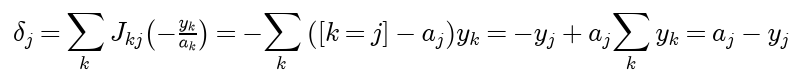 The output error for logit j is the sum over k of J k j times minus y k over a k, which equals minus the sum over k of the indicator of k equal to j minus a j times y k, which equals minus y j plus a j times the sum of the y k, which is a j minus y j