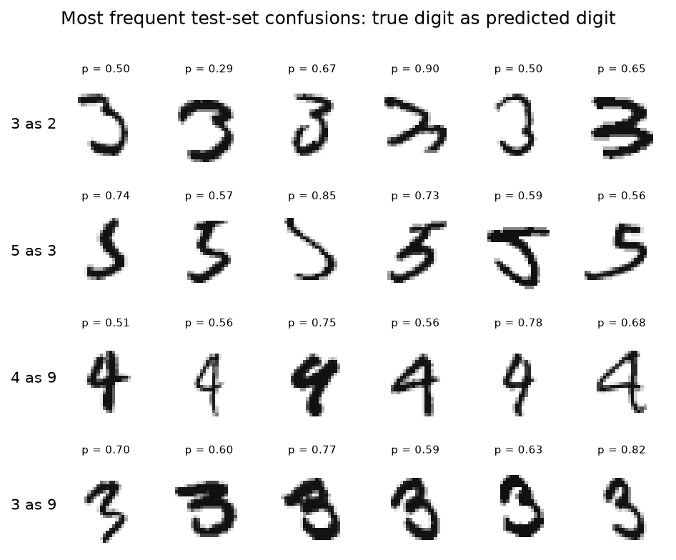 Four rows of six misread test images, threes read as 2, fives read as 3, fours read as 9 and threes read as 9, each titled with the probability the network gave the wrong digit, mostly between 0.5 and 0.85