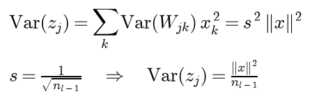 The variance of the net input z j is the sum over k of the variance of W j k times x k squared, which is s squared times the squared length of the image; with s equal to one over the square root of the fan-in, the variance is the squared length divided by the fan-in