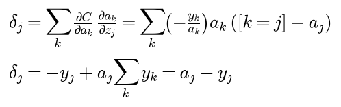 The error of logit j is the sum over k of the derivative of C with respect to a k times the derivative of a k with respect to z j, which is the sum over k of minus y k over a k times a k times the bracket minus a j; this equals minus y j plus a j times the sum of the targets, which is a j minus y j