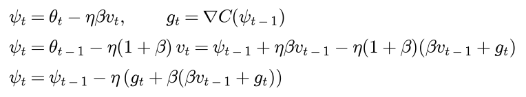 With psi equal to theta minus eta beta v and the gradient taken at psi, psi after the step equals theta before minus eta times 1 plus beta times the new v, which is psi before plus eta beta v minus eta times 1 plus beta times beta v plus g, which is psi before minus eta times g plus beta times beta v plus g