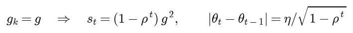 For a constant gradient g, s after step t is 1 minus rho to the t times g squared, so each step has length eta over the root of 1 minus rho to the t