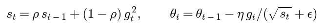 RMSProp: s is rho times s before plus 1 minus rho times g squared, and theta moves by minus eta times g over root s plus epsilon