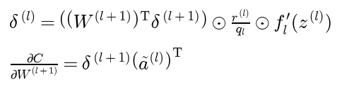 The error of layer l is the transposed weights of layer l plus 1 times the error of layer l plus 1, multiplied entry by entry by the mask over q and by the activation derivative; the weight gradient of layer l plus 1 is its error times the transposed dropped activations