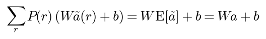 The probability-weighted sum over masks of W times the dropped activations plus b equals W times the expected dropped activations plus b, which is W a plus b