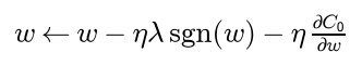 w becomes w minus eta lambda times the sign of w, minus eta times the derivative of the data cost