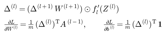 Mini-batch backpropagation: the errors of layer l are the errors of layer l plus 1 times its weights, multiplied entry by entry by the activation derivative at the net inputs, and the weight and bias gradients are one over m times the transposed errors times the activations below and times a column of ones