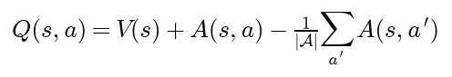 The dueling head computes Q of s and a as the state value V of s plus the advantage A of s and a minus the mean advantage over all actions