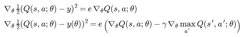 The semi-gradient of one half the squared error with y held fixed is e times the gradient of Q; differentiating y as well subtracts gamma times the gradient of the largest next-state value