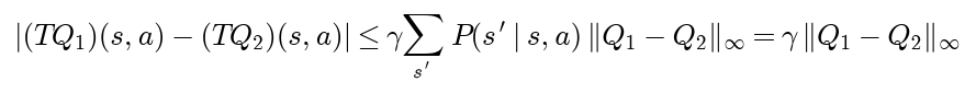The difference between T Q1 and T Q2 at any entry is at most gamma times the probability-weighted largest difference, which is gamma times the largest difference between Q1 and Q2